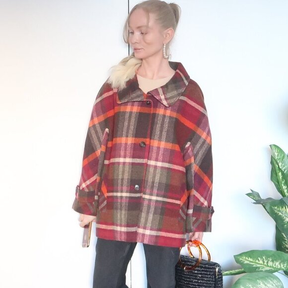 Talbots Multicolor Orange, Burgundy & Brown Wool Plaid Coat Size 16w - Picture 6 of 16